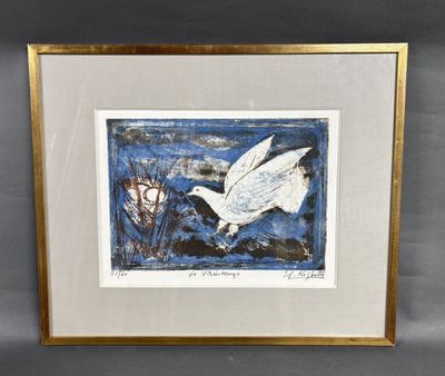 a framed picture of a bird flying over a body of water