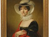 un tableau représentant une femme portant un chapeau blanc et une robe rouge
