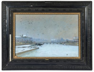 a painting of a snowy landscape with a bridge over a river
