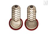 two silver spoons with red handles on a white surface
