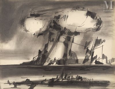 un dessin en noir et blanc d'une explosion nucléaire