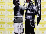 tableau représentant un homme et une femme avec un drapeau, sur fond jaune