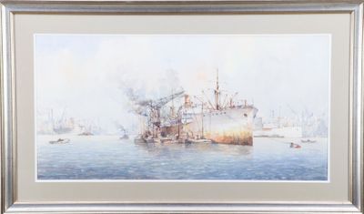 framed picture of a painting of a ship in a body of water