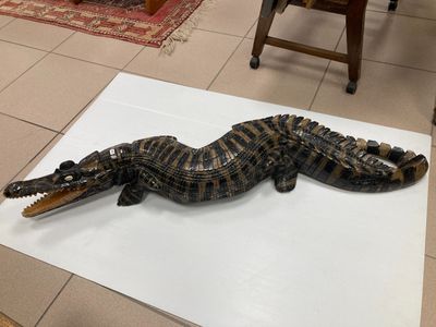 Sujet en bois sculpté figurant un crocodile.