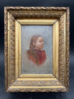 a painting of a man in a red shirt in a gold frame