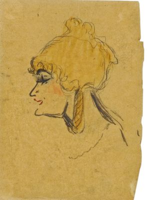 a drawing of a woman ' s head in profile with her hair pulled back
