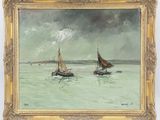 painting of two boats in a body of water under a cloudy sky