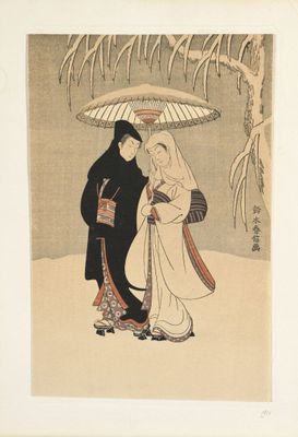 japanese painting of a man and woman under an umbrella in the snow