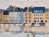 a painting of boats in a harbor with buildings in the background