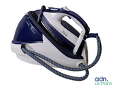 a blue and white steam iron sitting on a white surface