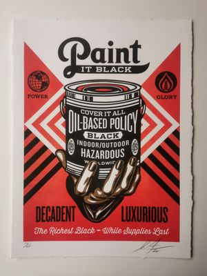 une peinture représentant un pot de peinture sur un fond rouge et noir