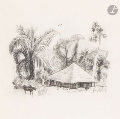 pencil drawing of a hut in the middle of a tropical area