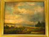 painting of a landscape with a view of a lake and mountains