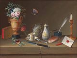 a painting of a still life with a teapot, tea pot, and other items on a table