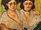 tableau représentant deux femmes portant des chapeaux et des écharpes dans un champ