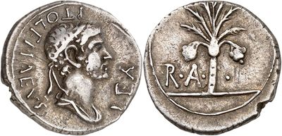 a silver coin with an image of a woman and a tree on it