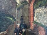 a painting of two people and a dog standing on a set of stairs