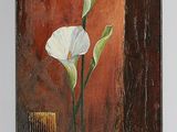 painting of two white calla lils in a vase on a brown background