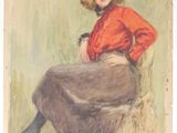 tableau représentant une femme assise sur une chaise, vêtue d'un t-shirt rouge et d'une jupe noire