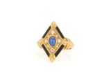 an image of a gold ring with a blue stone and diamonds