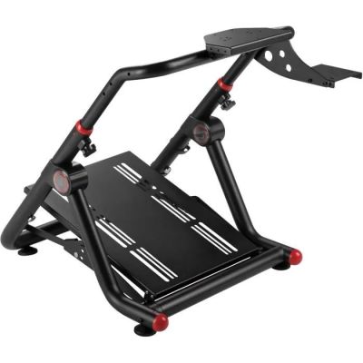 un support d'ordinateur portable noir muni de roulettes rouges sur fond blanc