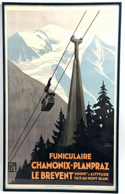 poster of a ski lift in front of a snowy mountain range