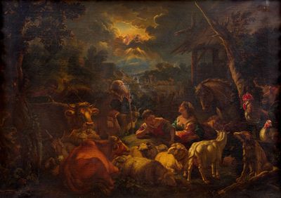 an image of a painting of a manger scene with sheep and people