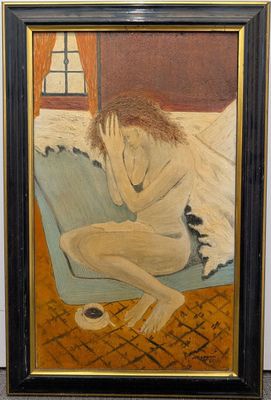 tableau représentant une femme assise sur un lit, un chat sur les genoux