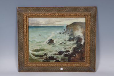 une peinture à l'huile représentant une côte rocheuse avec des vagues se brisant contre les rochers
