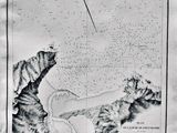 une vieille carte en noir et blanc représentant un lac survolé par un avion