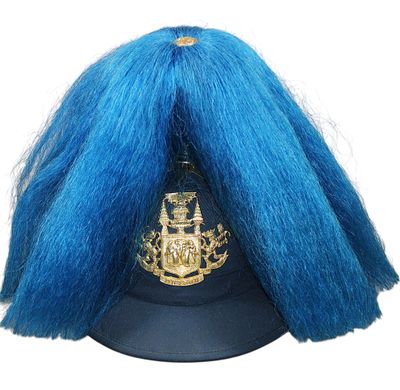 a hat with a blue wig on top of it