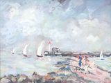 une peinture à l'huile représentant une scène de plage avec des voiliers sur l'eau