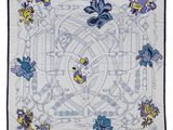 a close up of a blue and white scarf with flowers