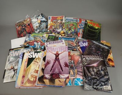 a lot of comic books sitting on a table