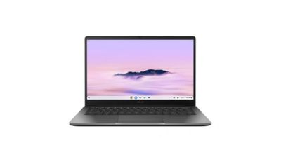 a laptop with a purple screen on a white background
