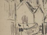 a black and white drawing of a church in the snow
