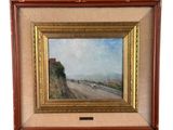 tableau représentant une vue d'une route avec un pont au loin
