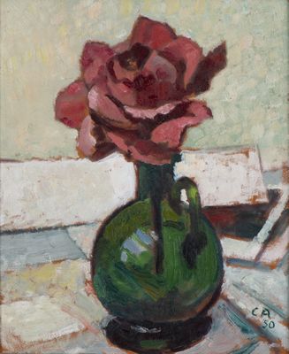 a painting of a pink rose in a green vase on a table