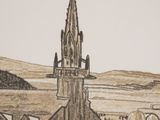 a drawing of a church with a crowd of people in front of it