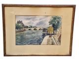 aquarelle encadrée représentant un pont enjambant une rivière dans une ville