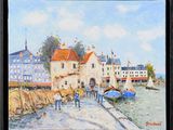 painting of a group of people walking down a street next to a body of water