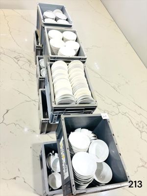 beaucoup d'assiettes et de bols dans les plateaux posés sur le plan de travail