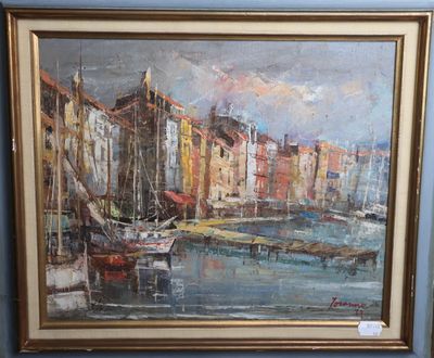 une peinture à l'huile d'une scène portuaire avec des bateaux dans l'eau