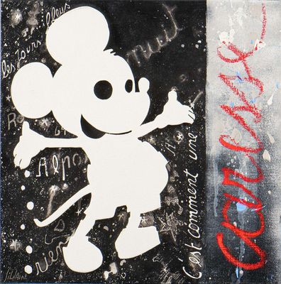painting of a mickey mouse holding a hockey stick in front of a wall