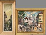 two paintings of a street scene and a picture of a church