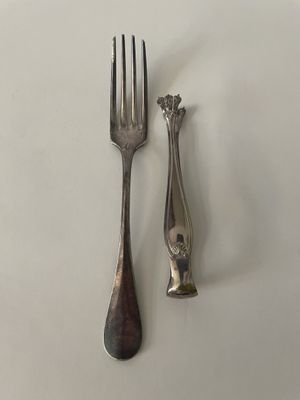 deux fourchettes et une cuillère posées sur une table, sur fond blanc