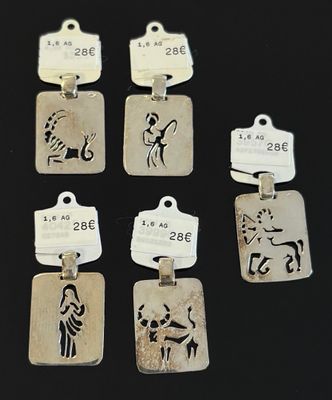 six breloques en argent ornées des signes du zodiaque, posées sur un fond noir