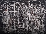 peinture abstraite en noir et blanc avec un point rouge au centre