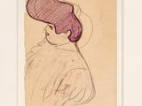 dessin représentant une femme coiffée d'un chapeau, dans un cadre blanc