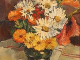 an oil painting of a vase of flowers on a table